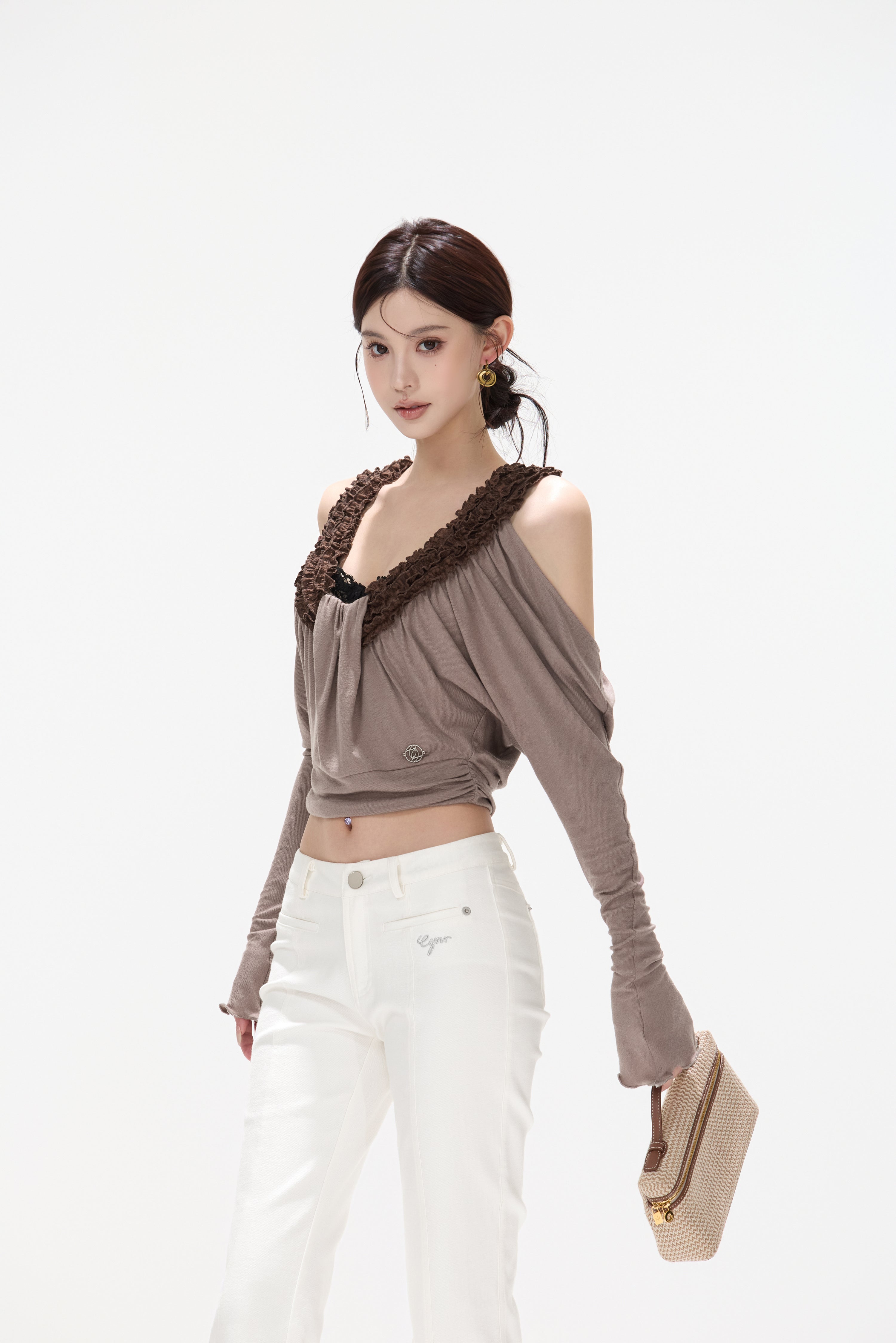 CYNR CY260431TTK Tencel wool lace U-neck off shoulder top + skirt