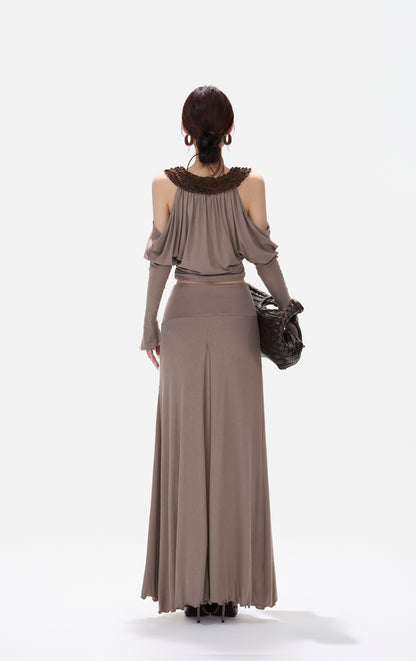 CYNR CY260431TTK Tencel wool lace U-neck off shoulder top + skirt