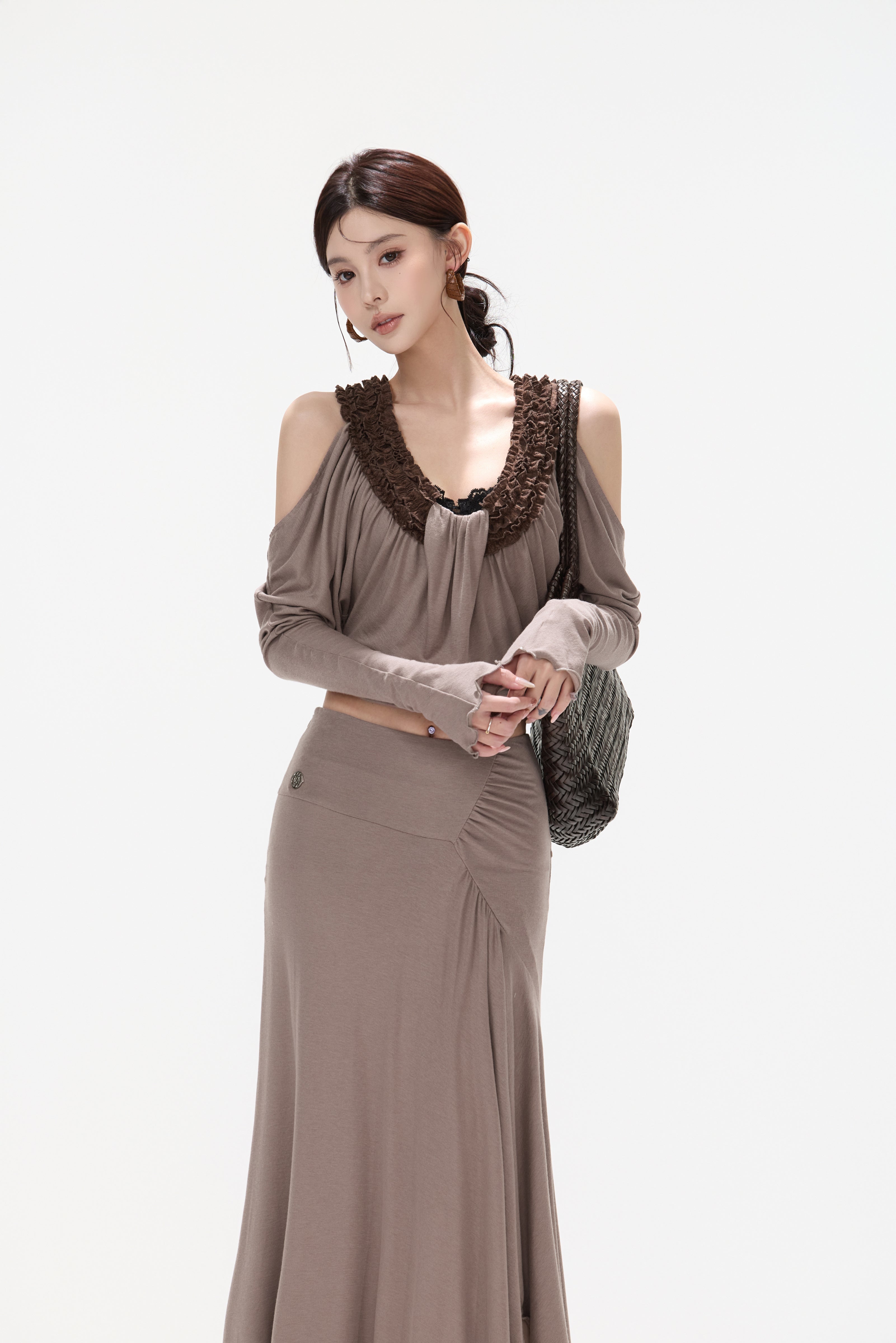 CYNR CY260431TTK Tencel wool lace U-neck off shoulder top + skirt