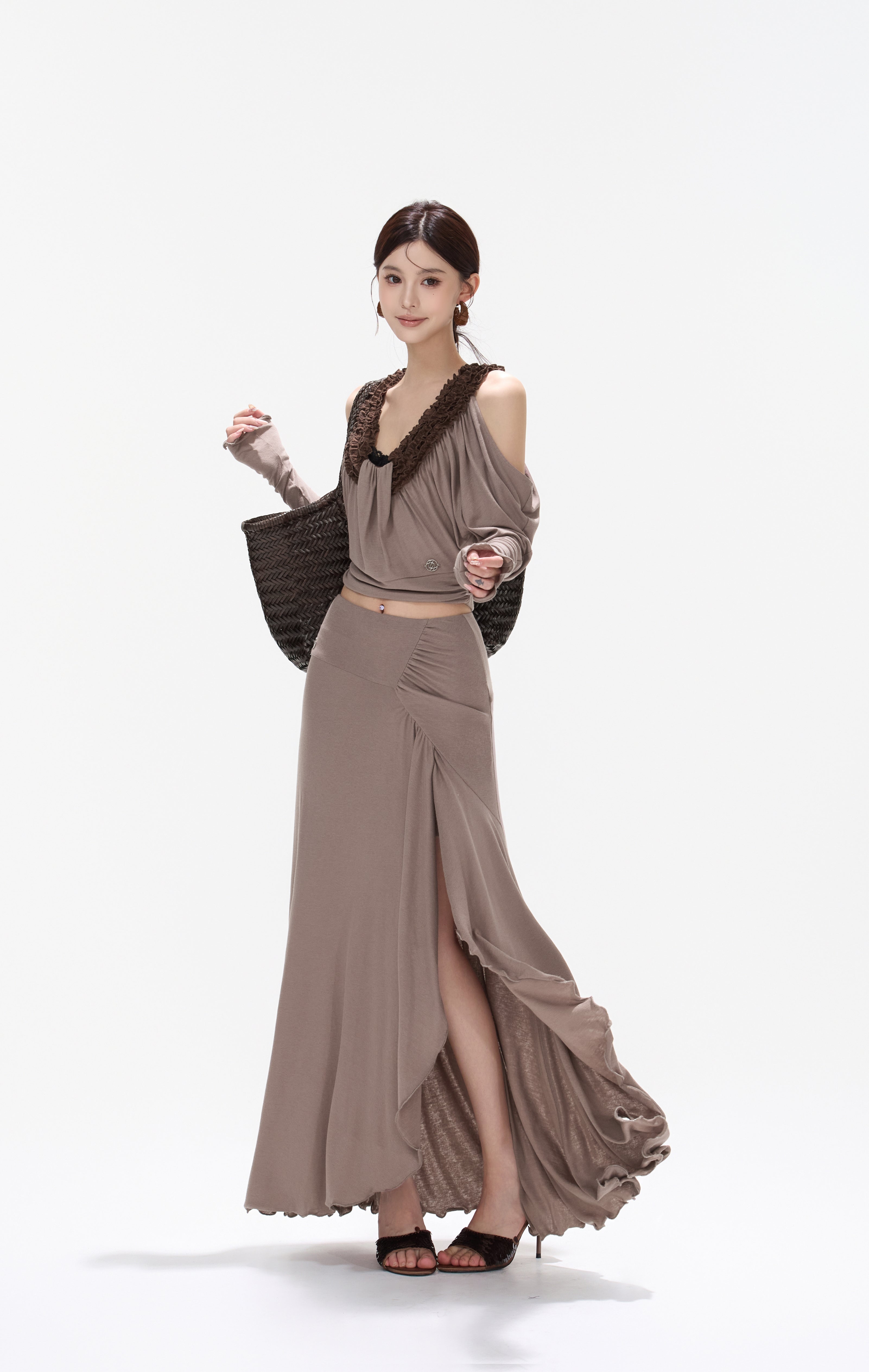 CYNR CY260431TTK Tencel wool lace U-neck off shoulder top + skirt