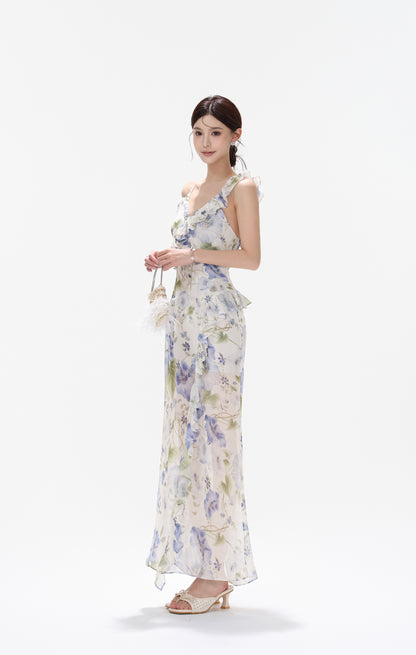 CYNR CY260466DLW Ruffle V-neck floral suspender dress