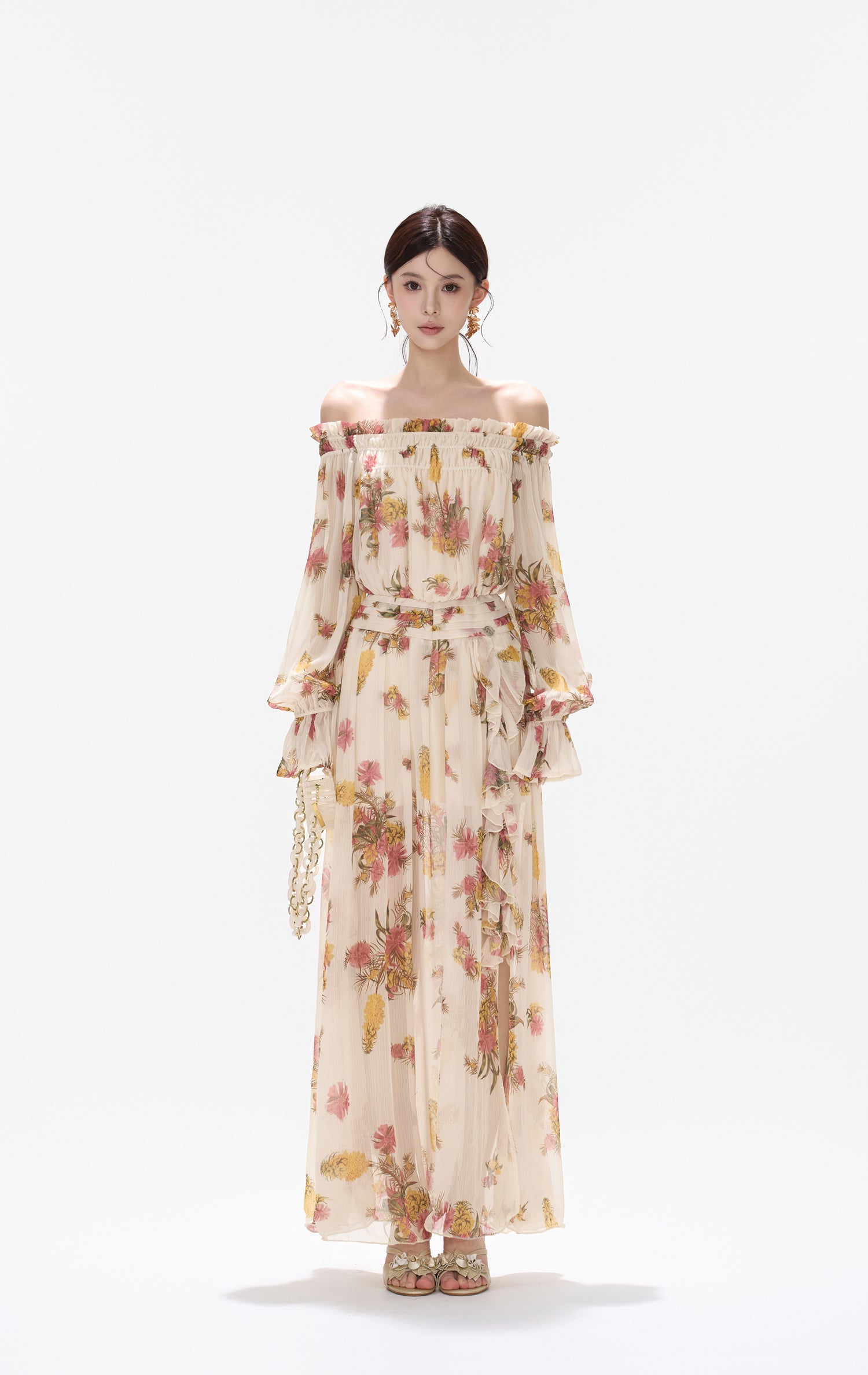 CYNR CY260432HLY Plant printed chiffon off shoulder dress