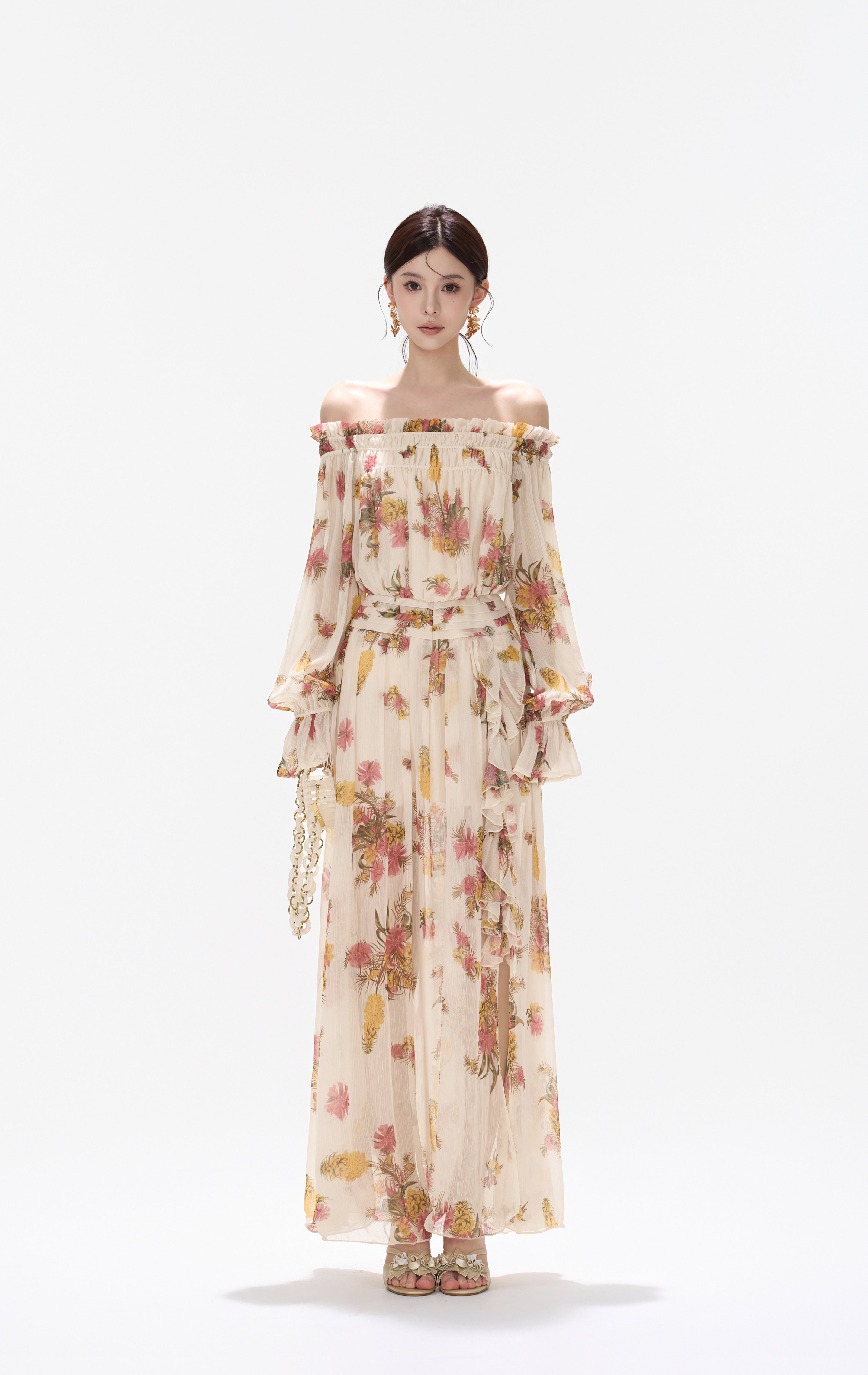 CYNR CY260432HLY Plant printed chiffon off shoulder dress