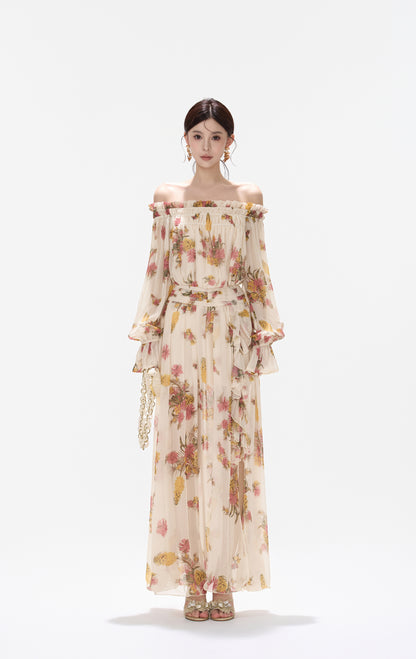 CYNR CY260432HLY Plant printed chiffon off shoulder dress