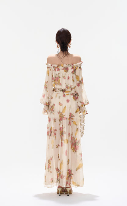 CYNR CY260432HLY Plant printed chiffon off shoulder dress