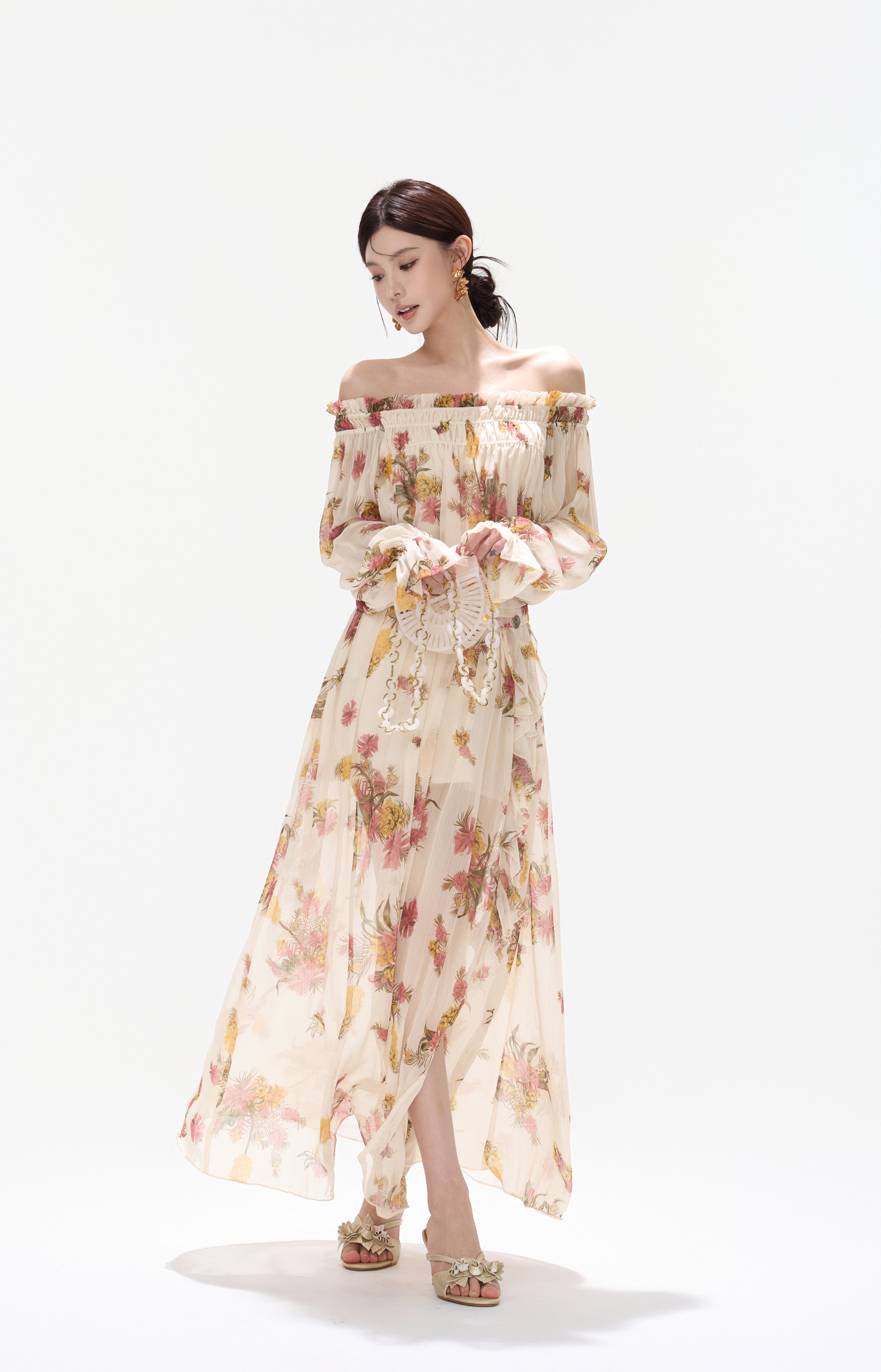 CYNR CY260432HLY Plant printed chiffon off shoulder dress