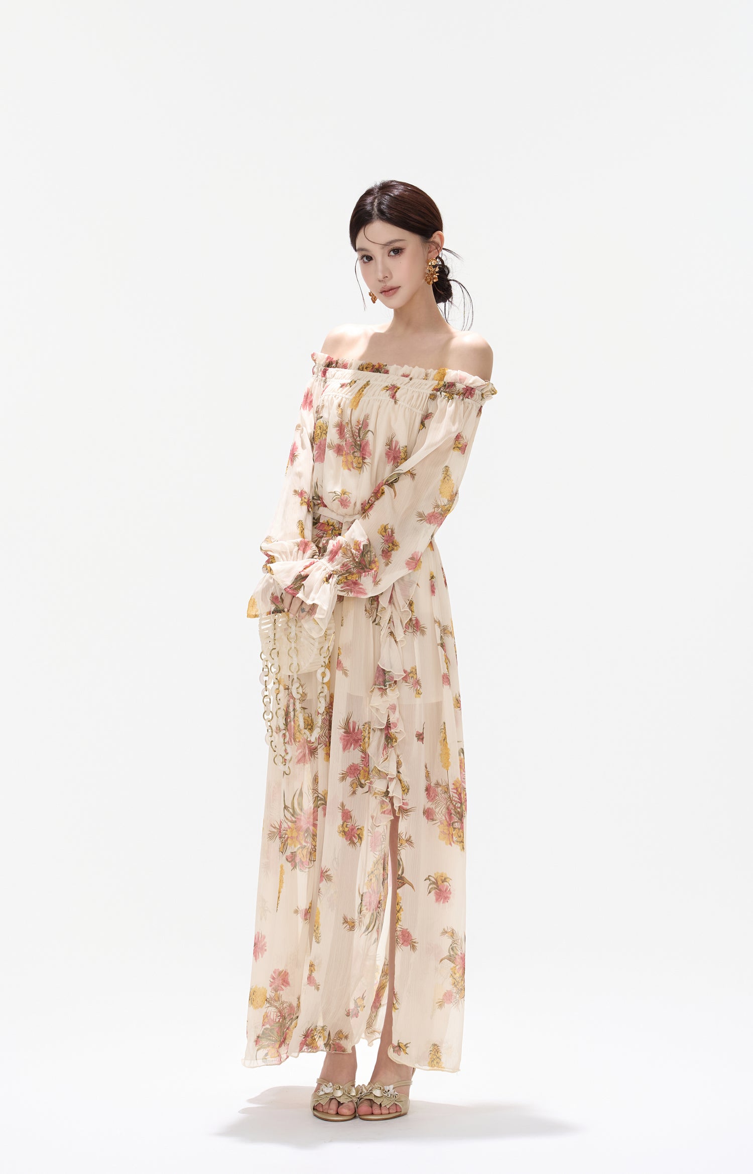 CYNR CY260432HLY Plant printed chiffon off shoulder dress