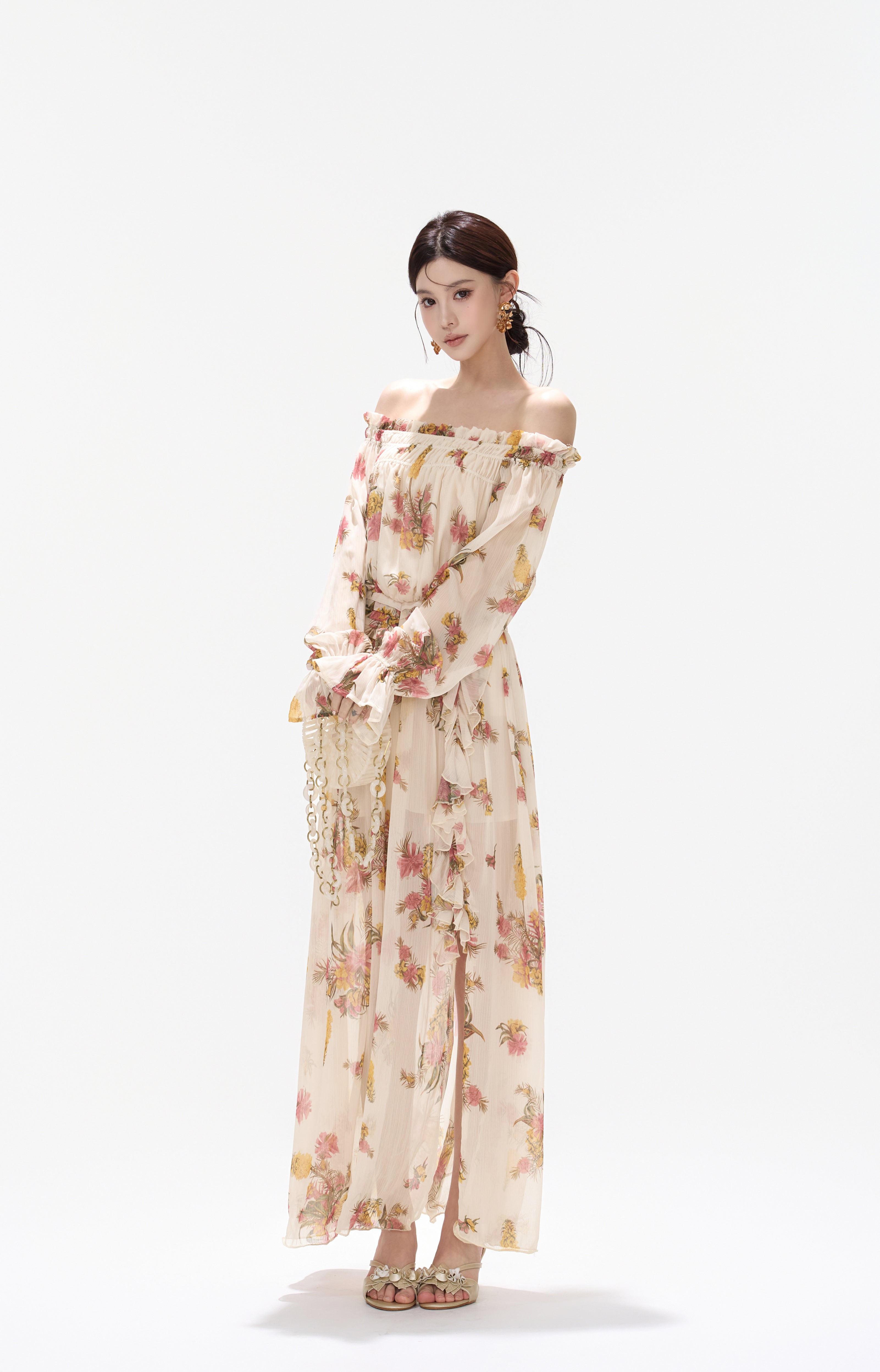 CYNR CY260432HLY Plant printed chiffon off shoulder dress