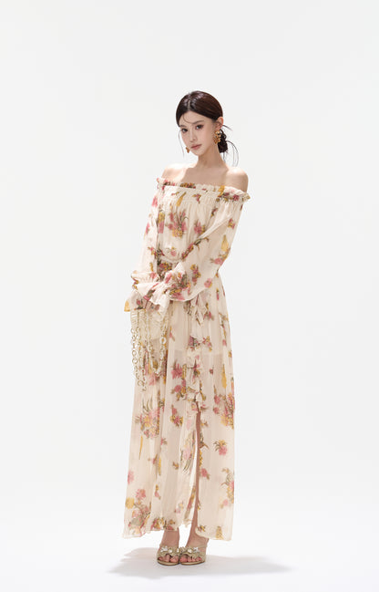 CYNR CY260432HLY Plant printed chiffon off shoulder dress