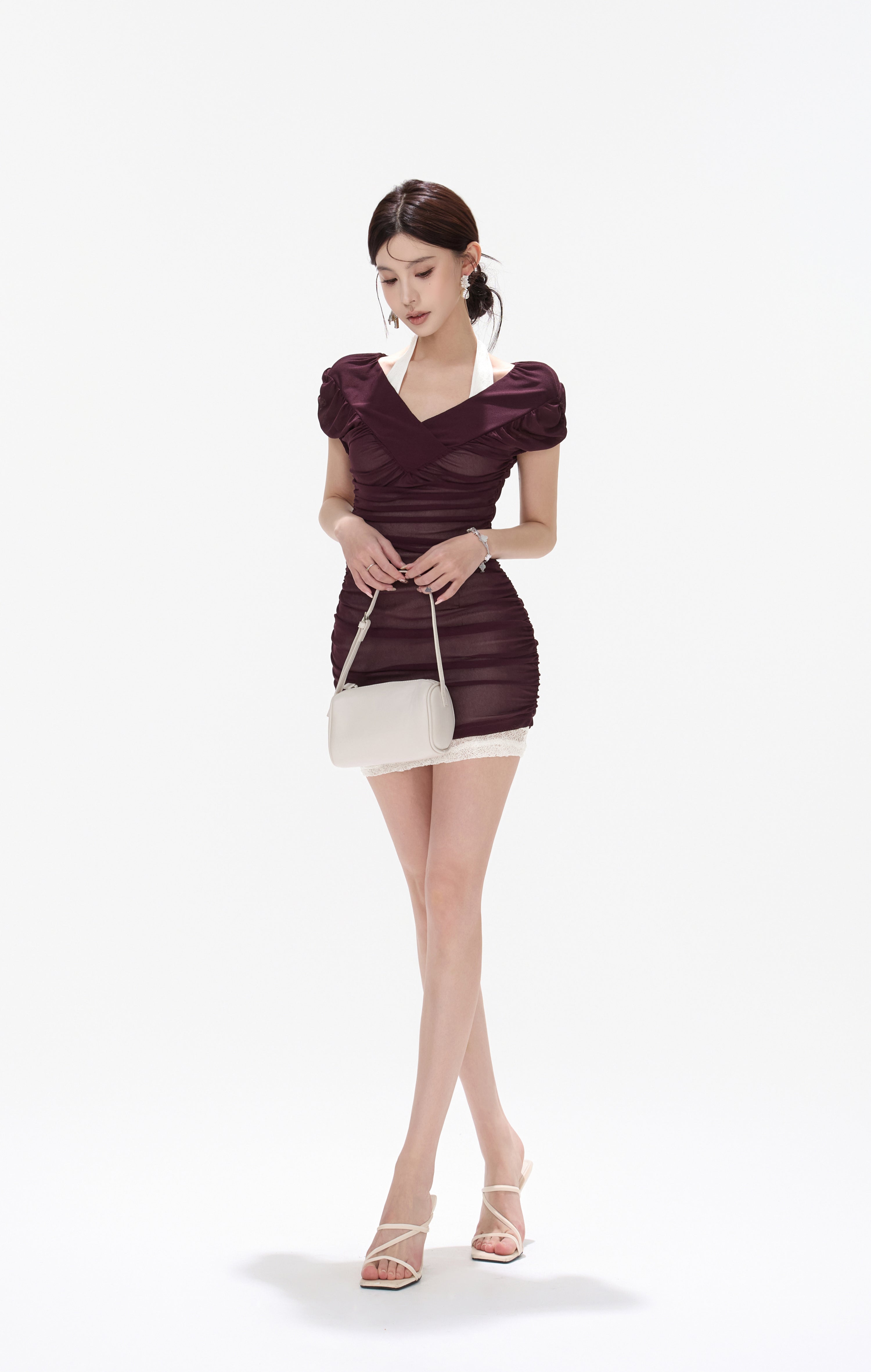 CYNR CY260421DSP Pleated mesh off shoulder dress