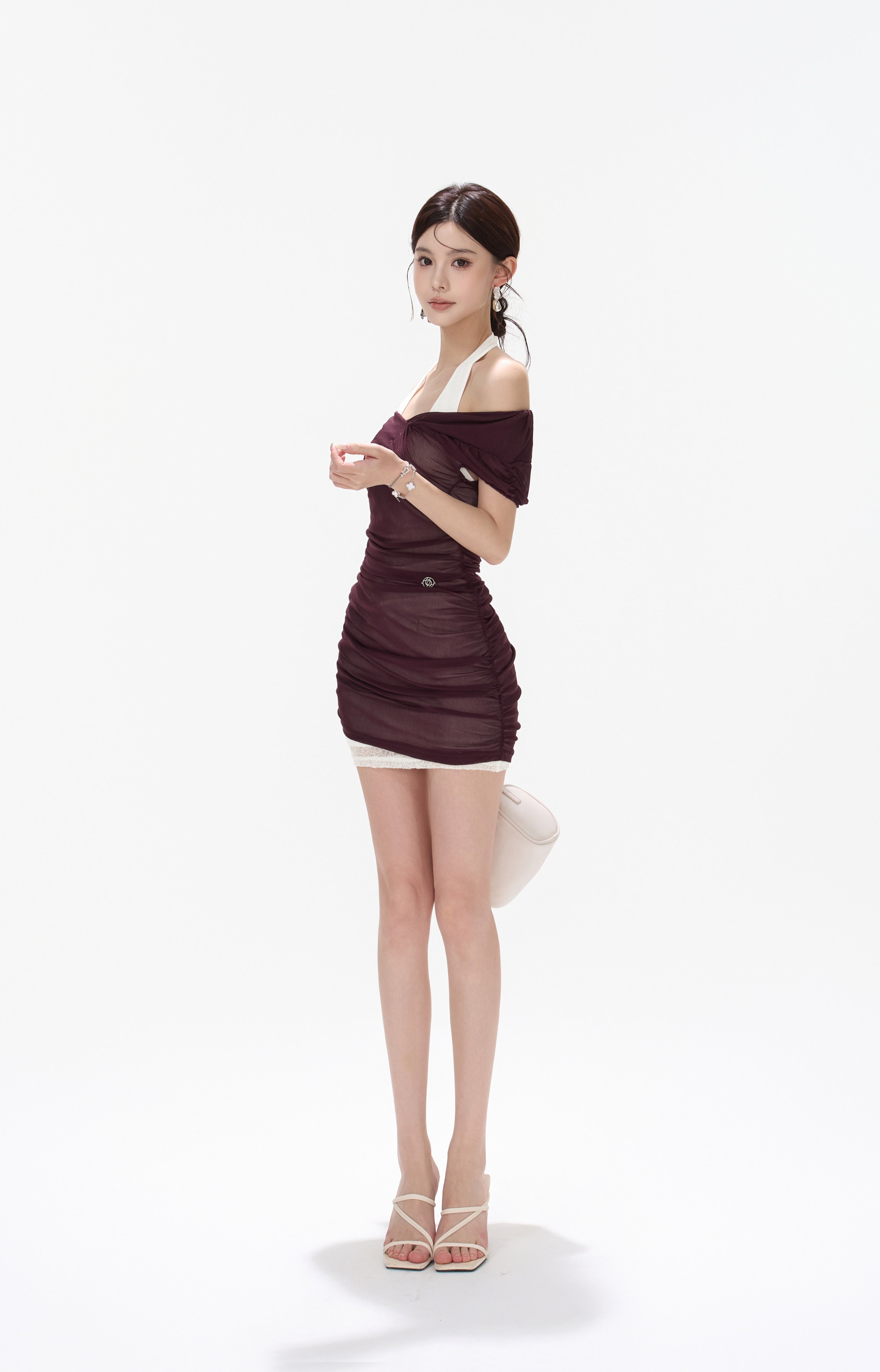 CYNR CY260421DSP Pleated mesh off shoulder dress