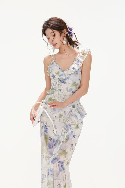 CYNR CY260466DLW Ruffle V-neck floral suspender dress