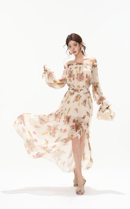 CYNR CY260432HLY Plant printed chiffon off shoulder dress