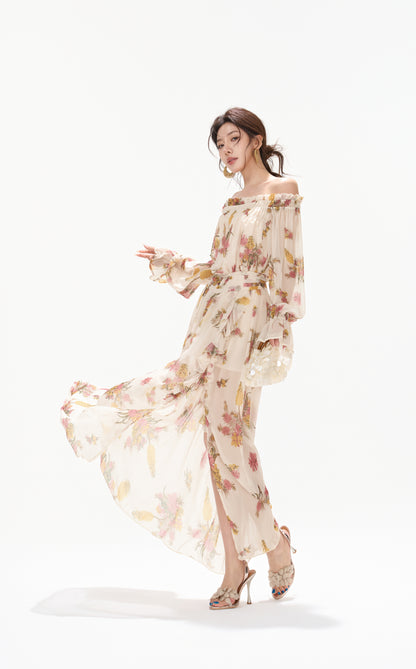 CYNR CY260432HLY Plant printed chiffon off shoulder dress