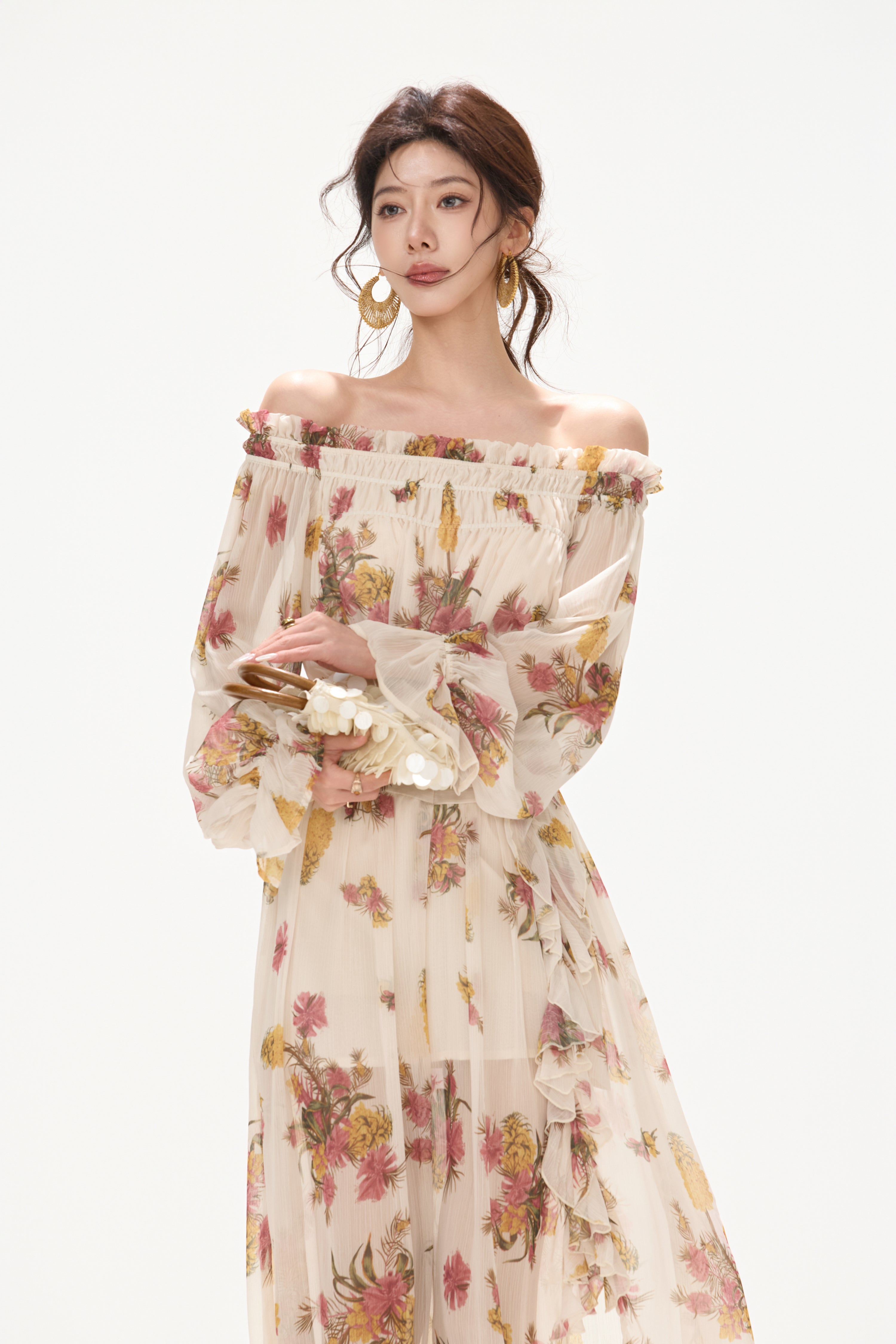CYNR CY260432HLY Plant printed chiffon off shoulder dress