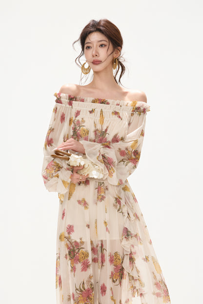 CYNR CY260432HLY Plant printed chiffon off shoulder dress
