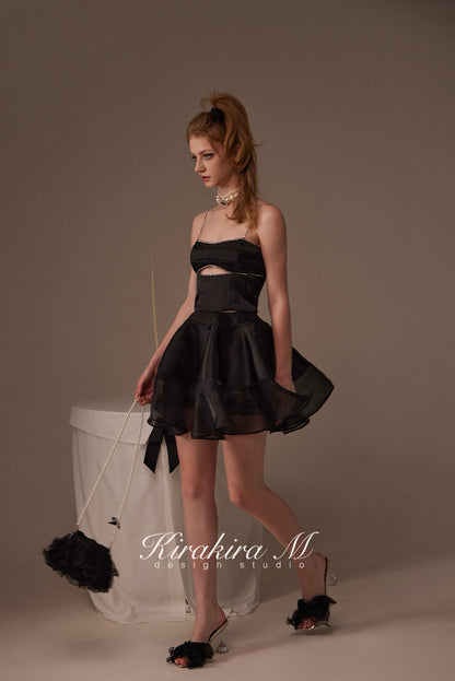 Kirakira.M Black diamond hollow-out top &amp; Black lace swing skirt