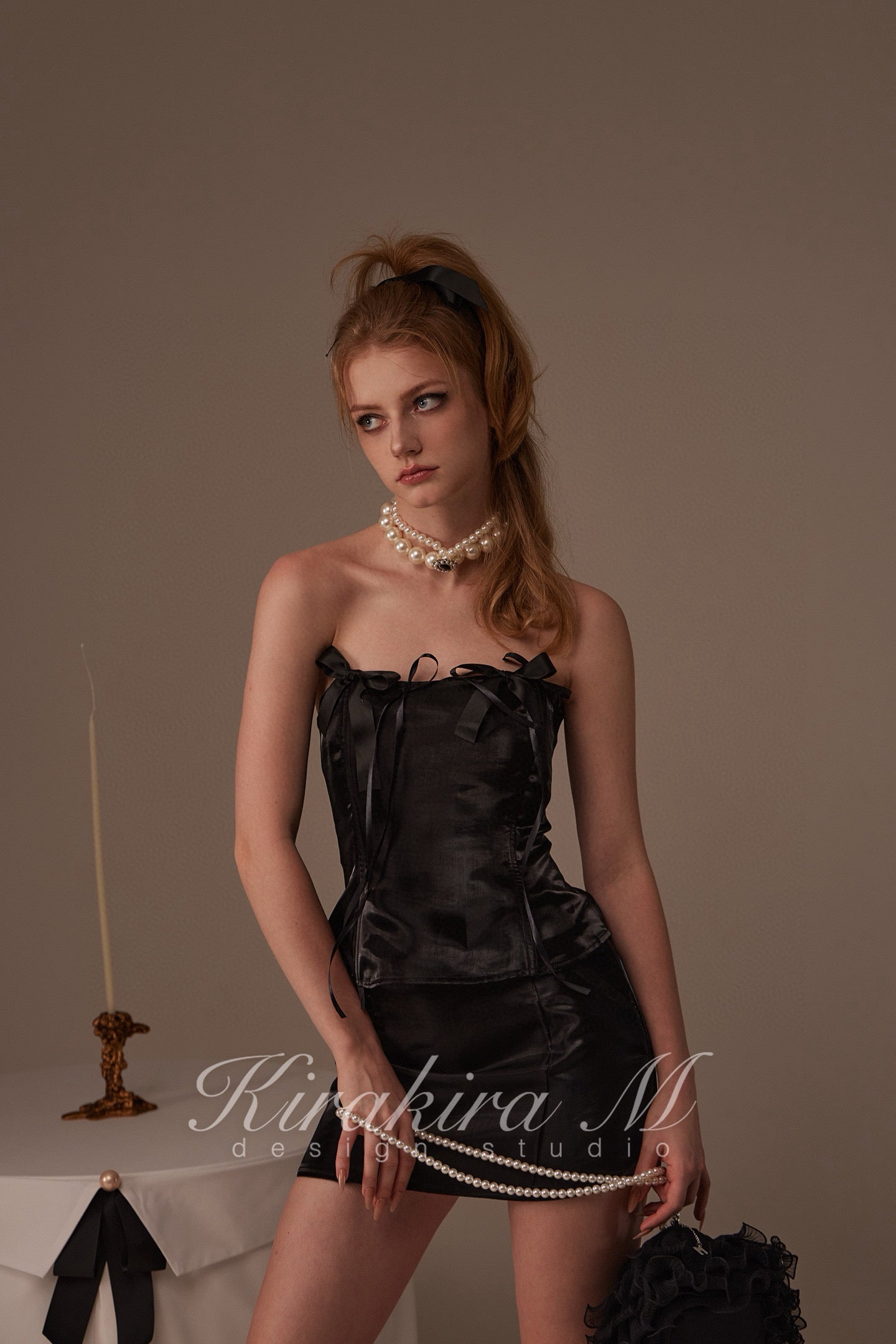 Kirakira.M Black oil-glossy bow chest &amp; Black oil-glossy skirt