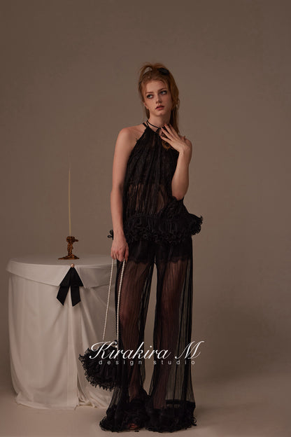 Kirakira.M Black 2-picec set of Multi-layer lace top
