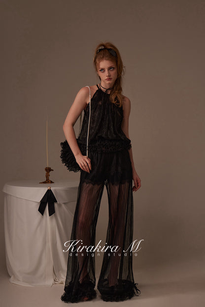 Kirakira.M Black 2-picec set of Multi-layer lace top