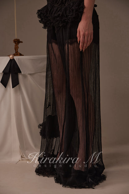 Kirakira.M Black semi-transparent pleated lace trousers (2 ways to wear)