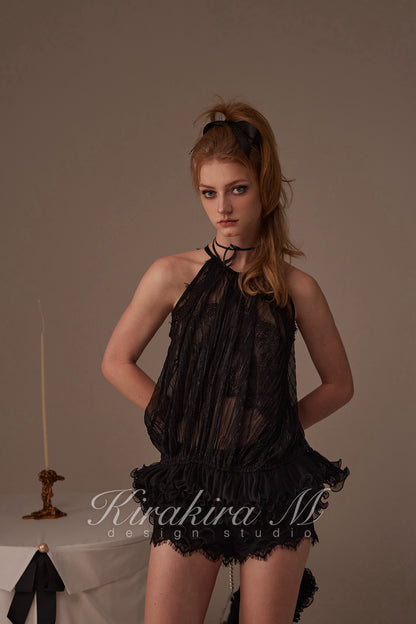 Kirakira.M Black 2-picec set of Multi-layer lace top
