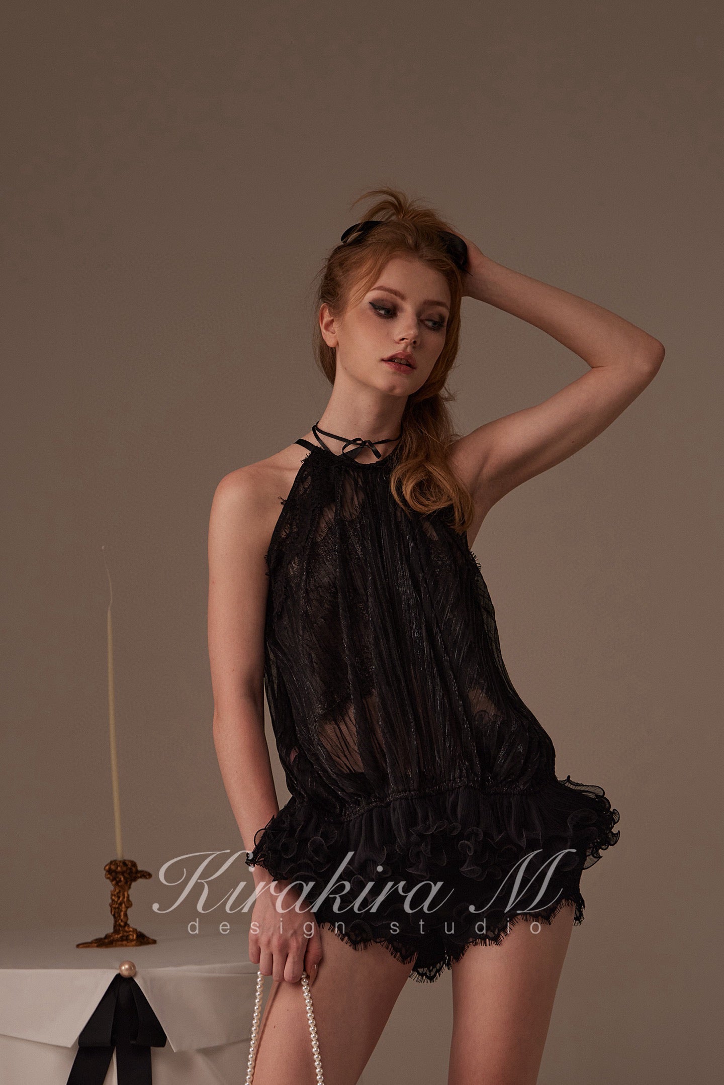 Kirakira.M Black 2-picec set of Multi-layer lace top