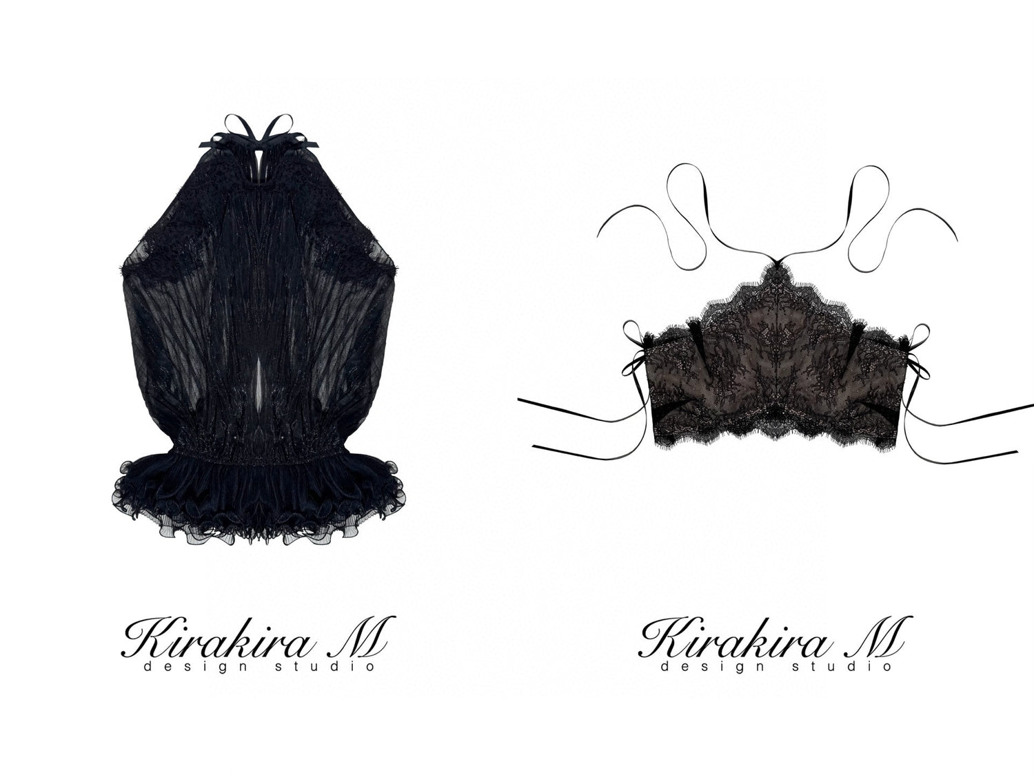 Kirakira.M Black 2-picec set of Multi-layer lace top