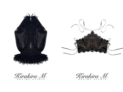 Kirakira.M Black 2-picec set of Multi-layer lace top