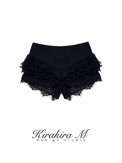 Kirakira.M Black Multi-layer lace pants