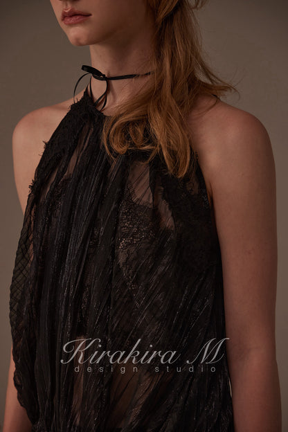 Kirakira.M Black 2-picec set of Multi-layer lace top