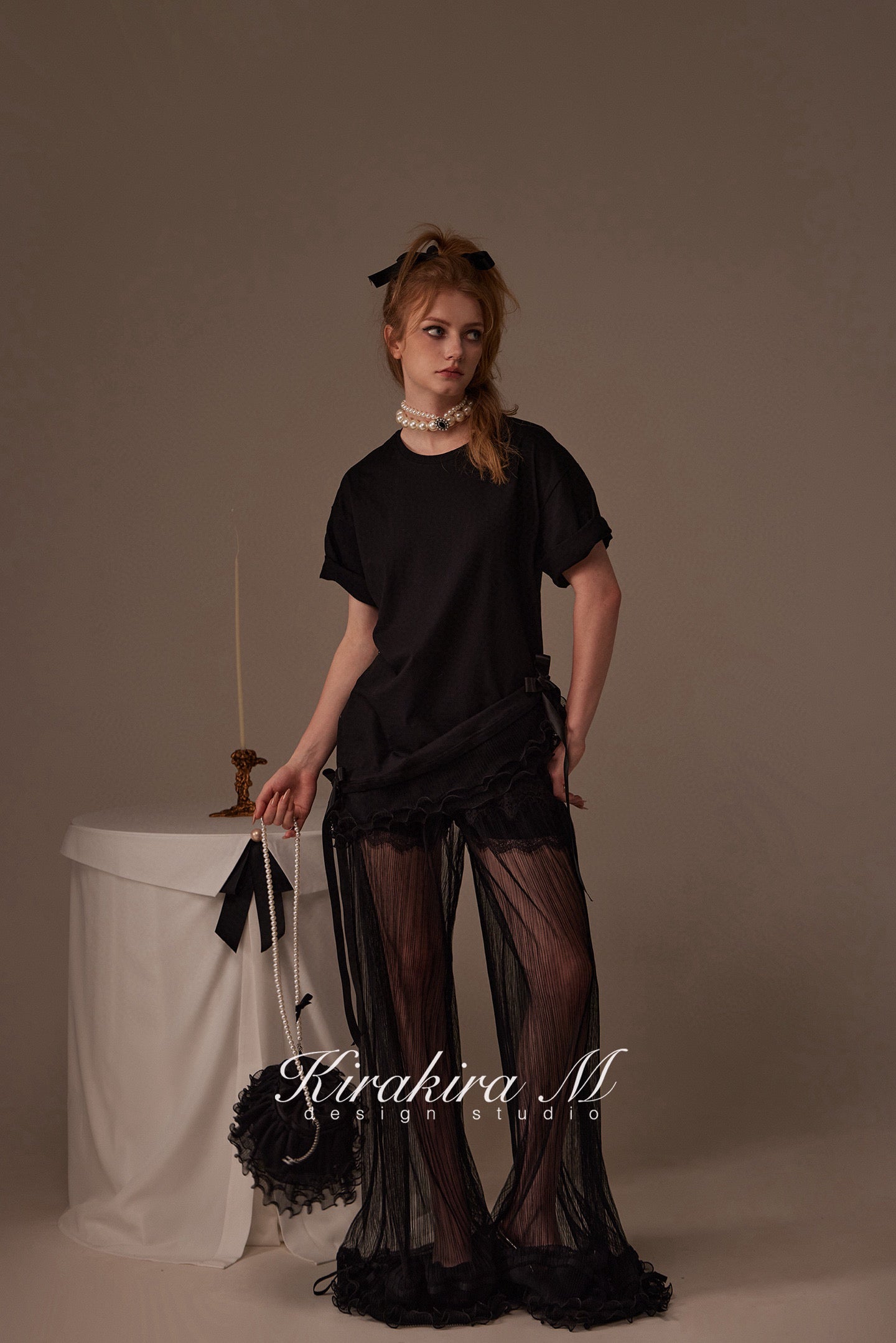 Kirakira.M Black semi-transparent pleated lace trousers (2 ways to wear)