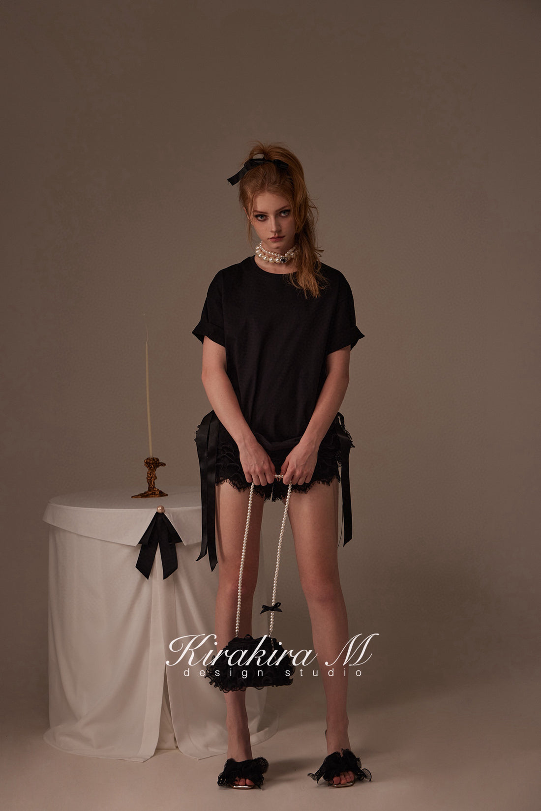 Kirakira.M Black Multi-layer lace pants