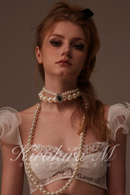 Kirakira.M Double-layer pearls diamond choker