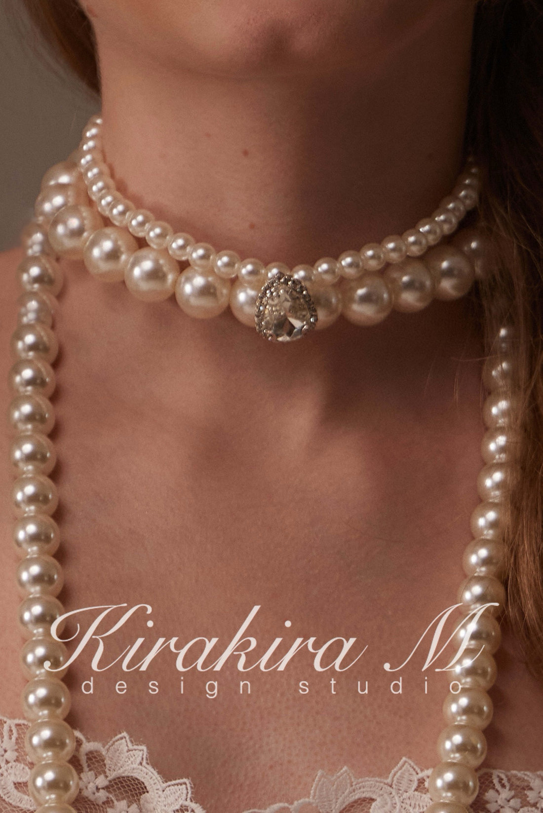 Kirakira.M Double-layer pearls diamond choker