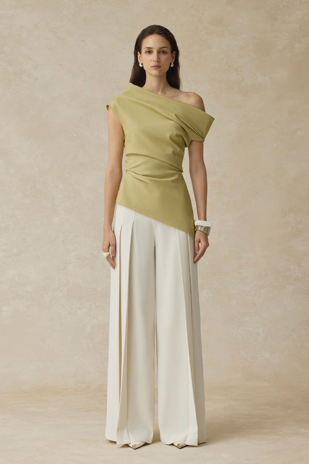 BYDENIO  one-shoulder draped top & Mae pleated high-waisted straight