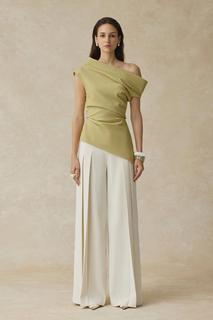 BYDENIO Phoebe Asymmetrical one-shoulder draped top &amp; Mae pleated high-waisted straight