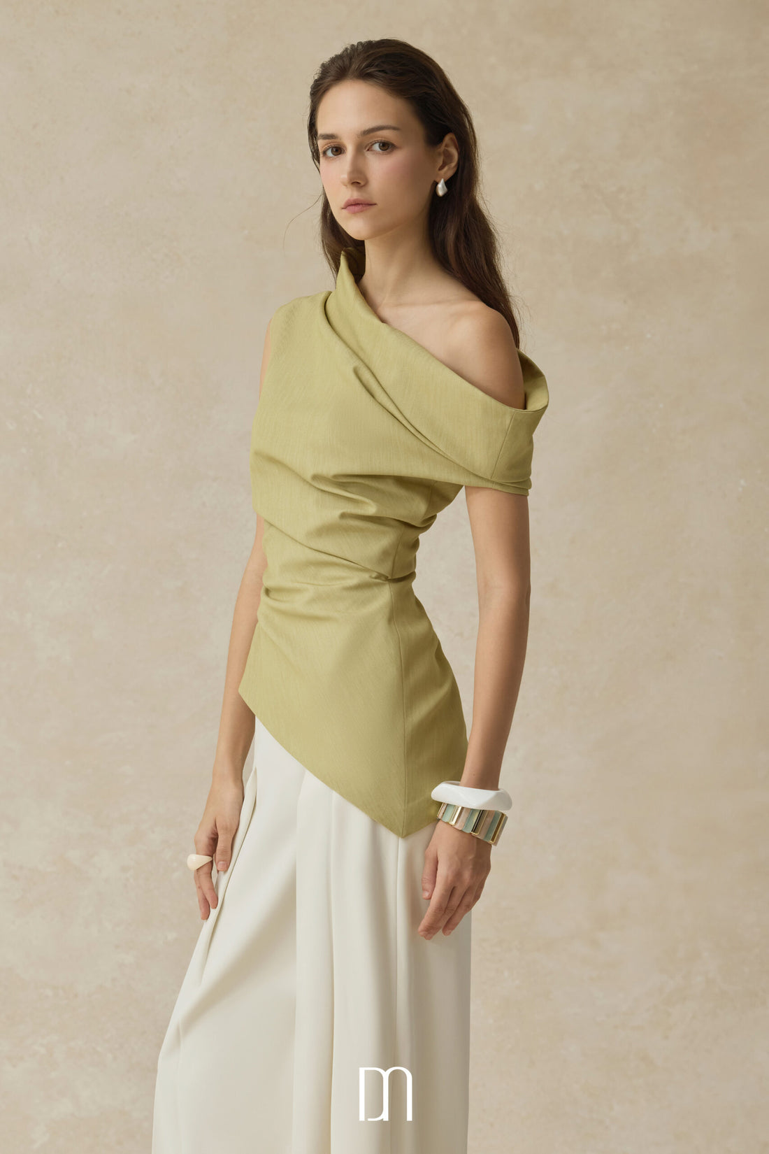 BYDENIO  one-shoulder draped top & Mae pleated high-waisted straight