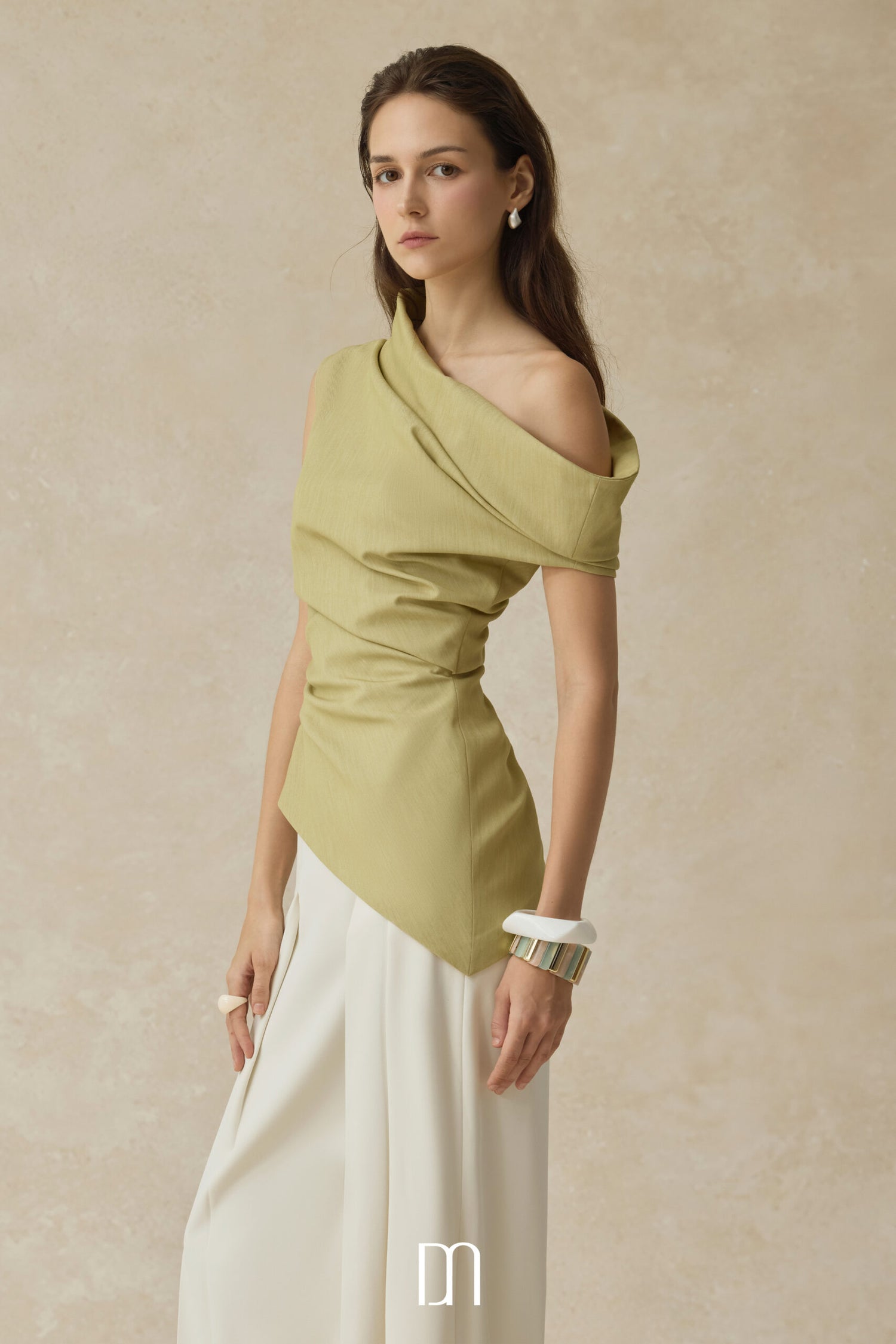 BYDENIO Phoebe Asymmetrical one-shoulder draped top &amp; Mae pleated high-waisted straight