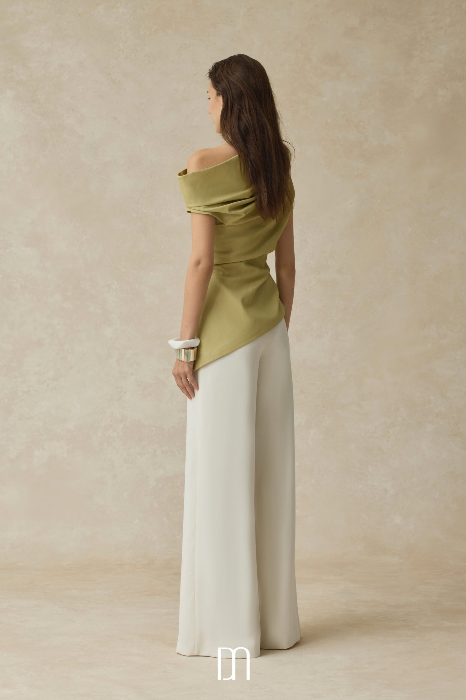 BYDENIO Phoebe Asymmetrical one-shoulder draped top &amp; Mae pleated high-waisted straight