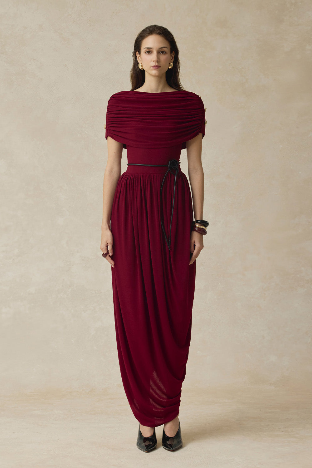 BYDENIO Elyra Ruched boat neckline midi dress with draped skirt