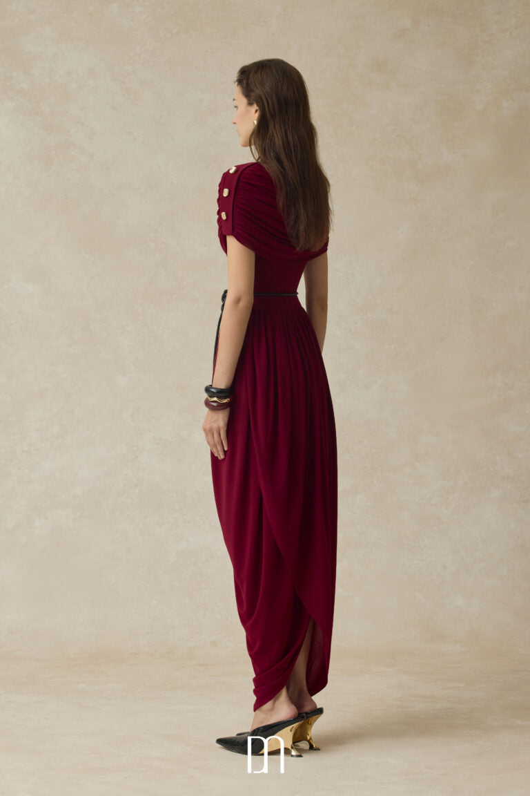 BYDENIO Elyra Ruched boat neckline midi dress with draped skirt