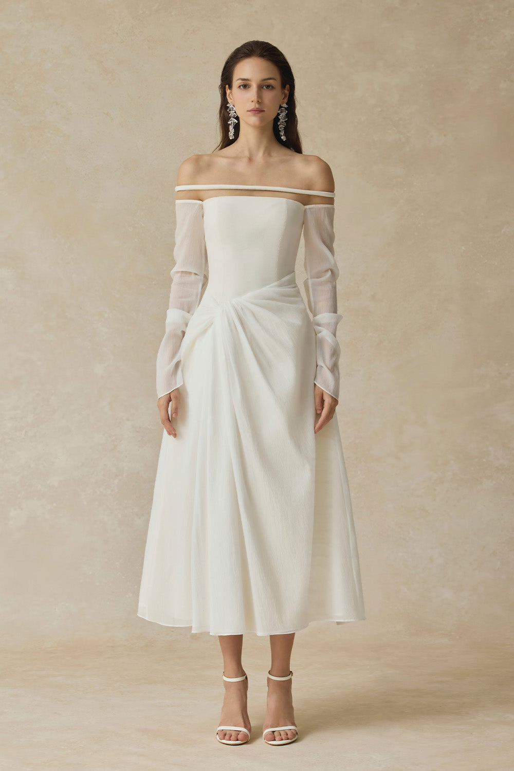 BYDENIO Velora Midi dress with off-shoulder and twisted hip detail