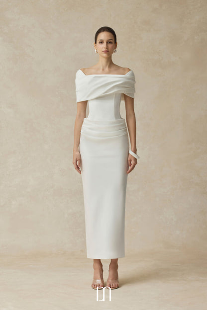 BYDENIO Solora Bodycon midi dress with shoulder-hip draping