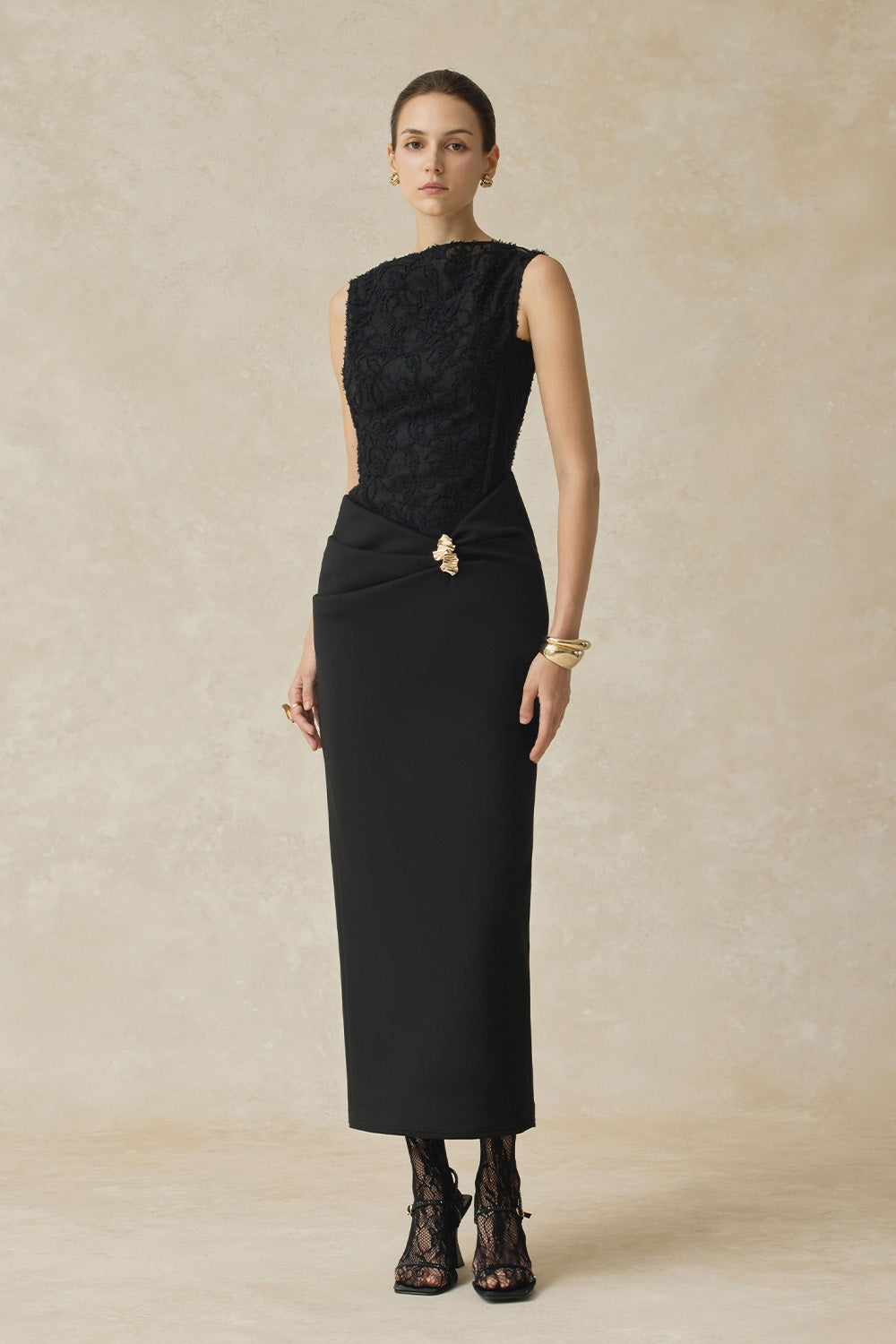 BYDENIO Serephira draping low hip midi dress