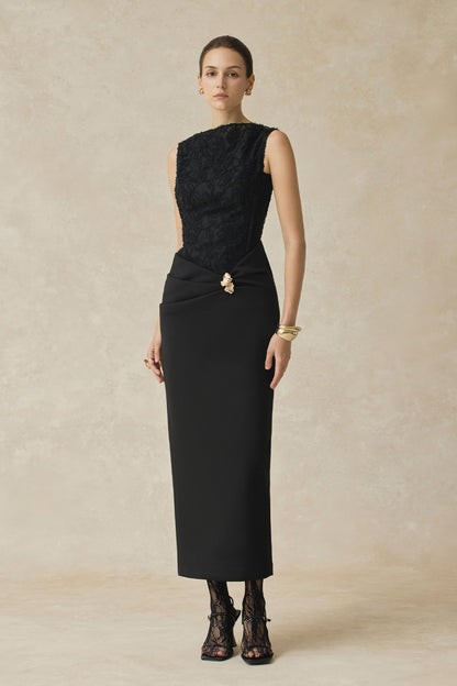 BYDENIO Serephira draping low hip midi dress