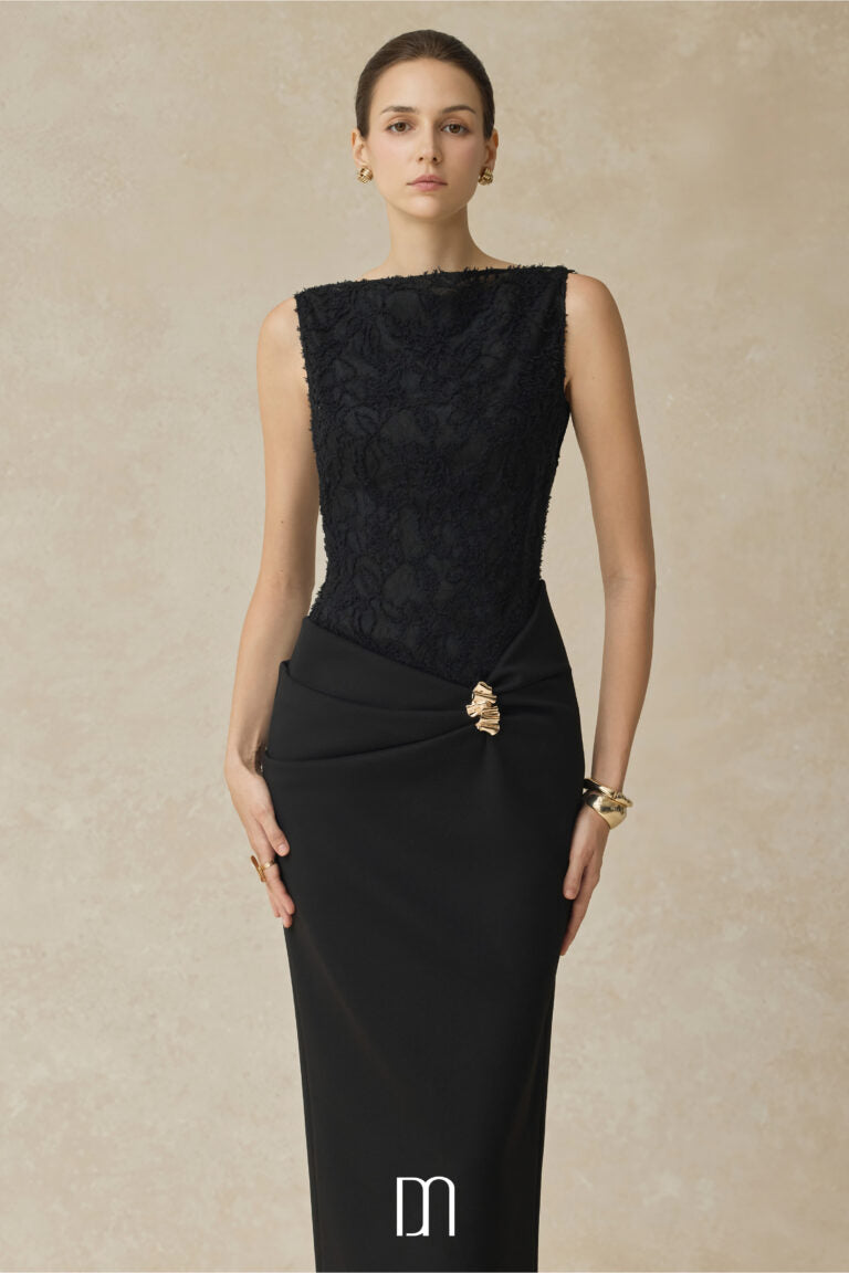 BYDENIO Serephira draping low hip midi dress