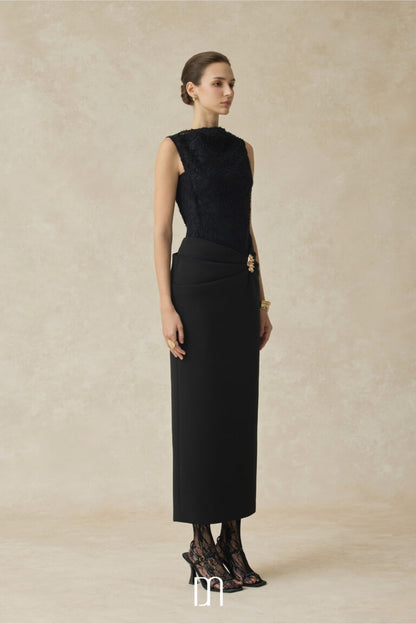 BYDENIO Serephira draping low hip midi dress