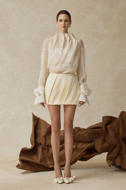 BYDENIO Inanna flowy blouse with draped neckline &amp; Freya asymmetrical pleated low-rise mini skirt