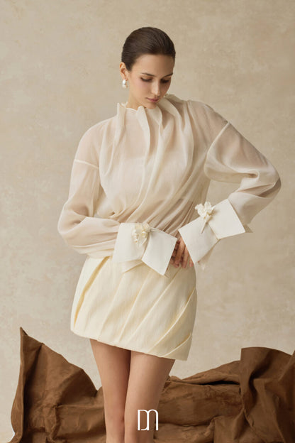 BYDENIO Inanna flowy blouse with draped neckline &amp; Freya asymmetrical pleated low-rise mini skirt